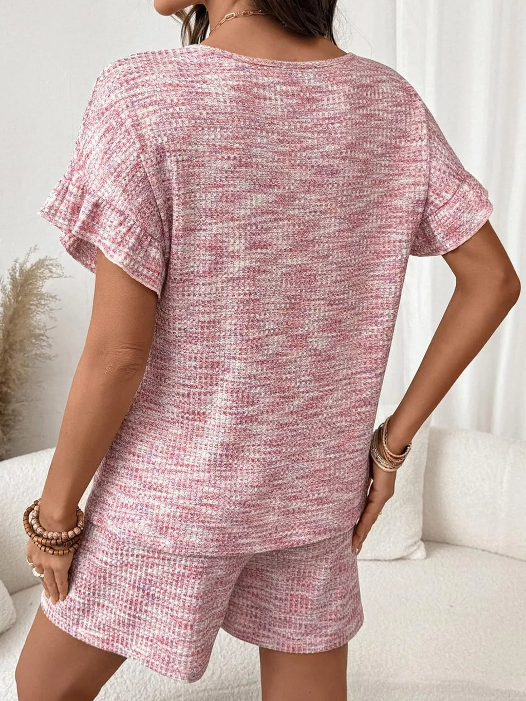 Ruffle Sleeve Textured Top and Shorts Set