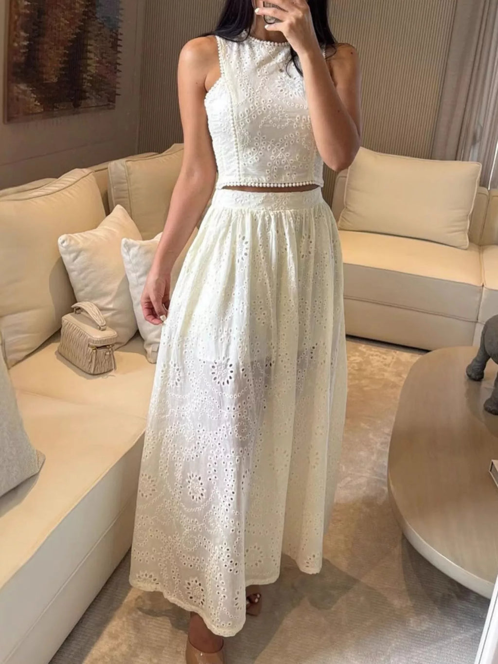 Eyelet Crop Top and Maxi Skirt Set