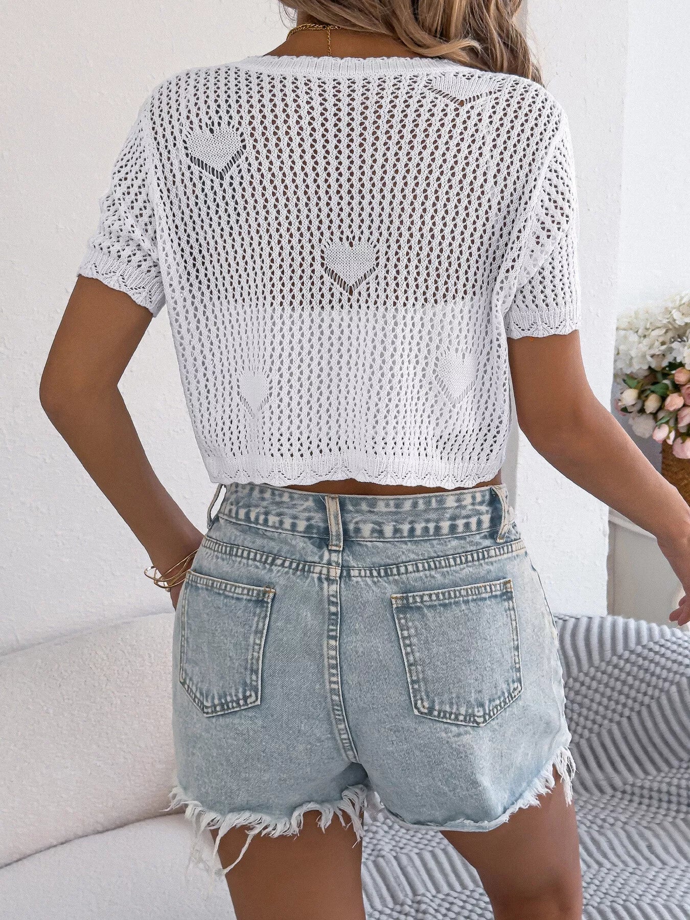 Crochet Heart Pattern Tie Front Cardigan