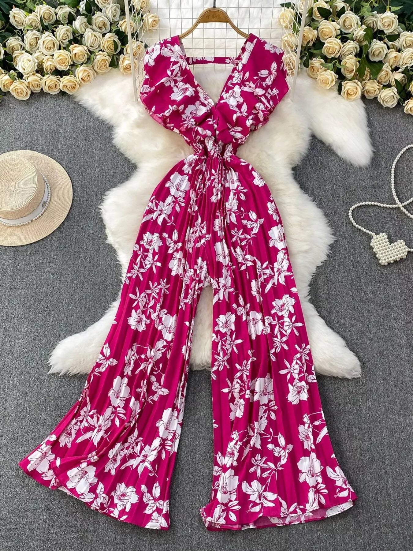 Floral Print Wide Leg Pleated Jumpsuit