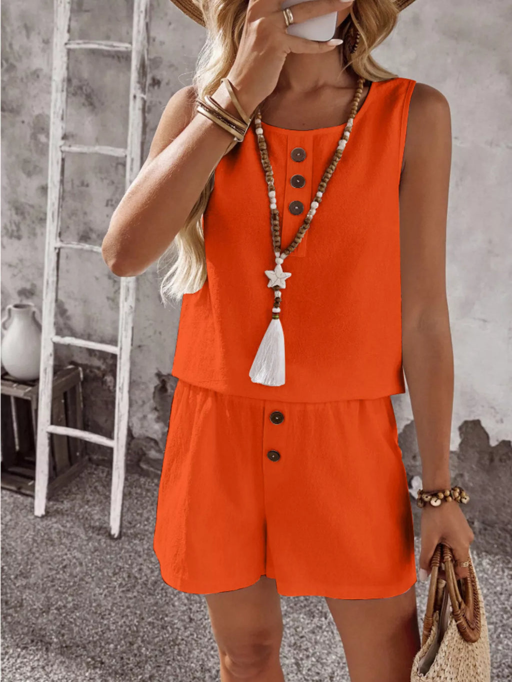 Decor Button Round Neck Tank and Shorts Set