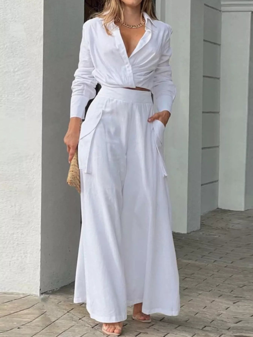 Long Sleeve Shirt and Wide Leg Pants Set