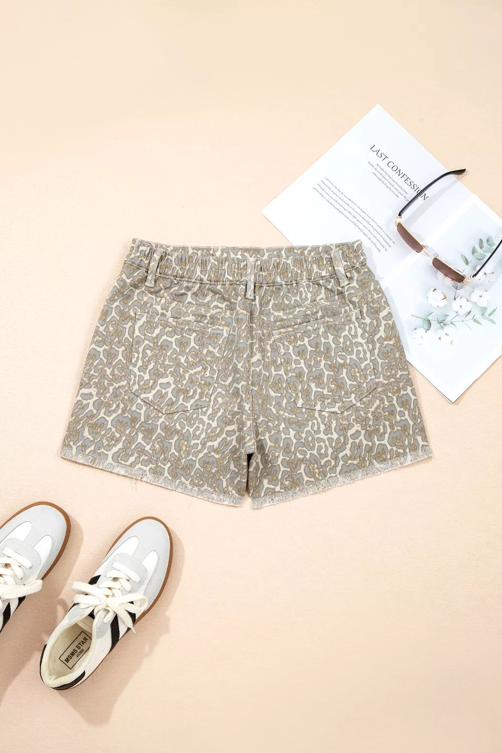 Raw Edge Leopard Print Denim Shorts
