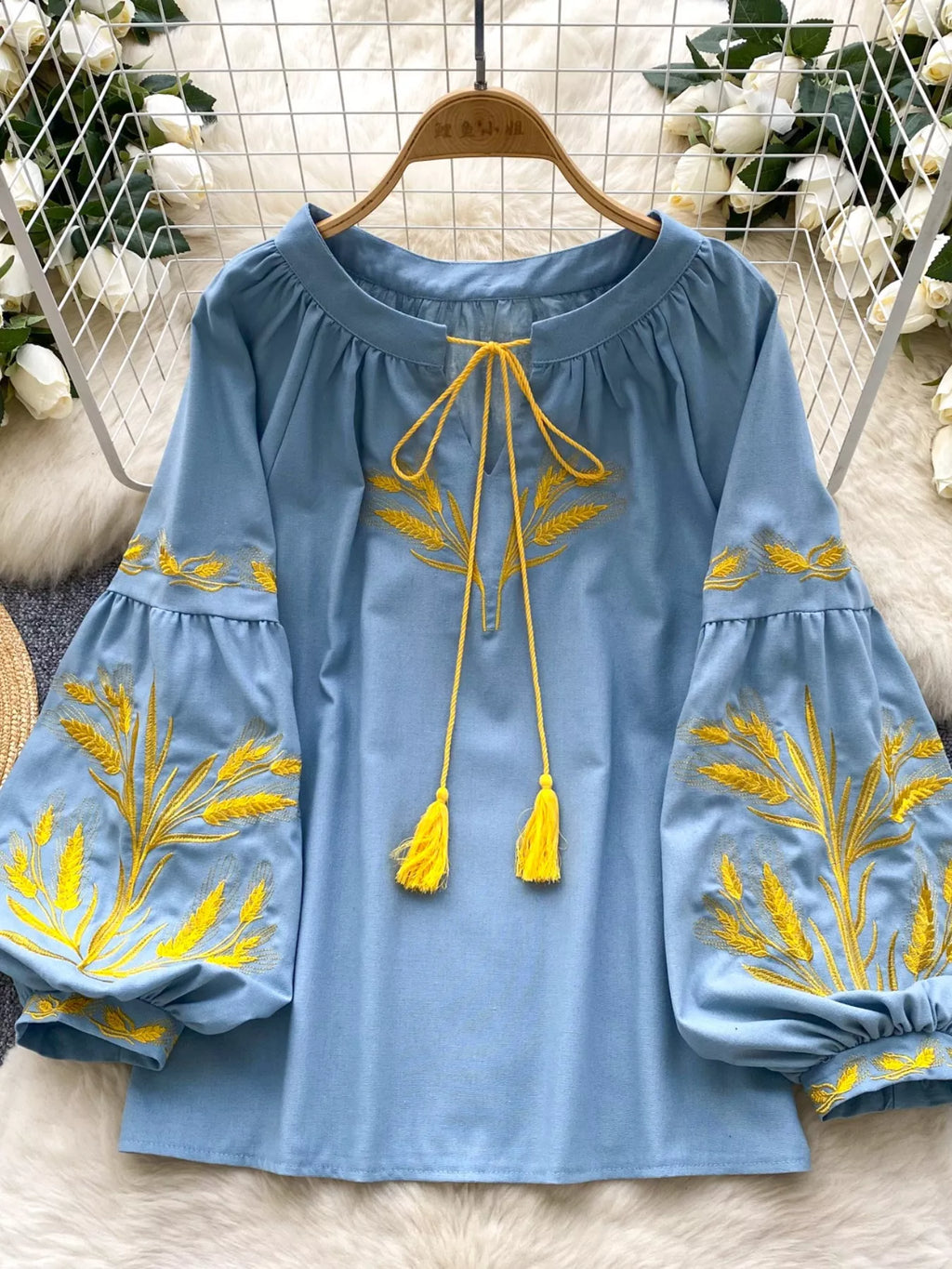 Embroidered Wheat Pattern Tie Neck Blouse