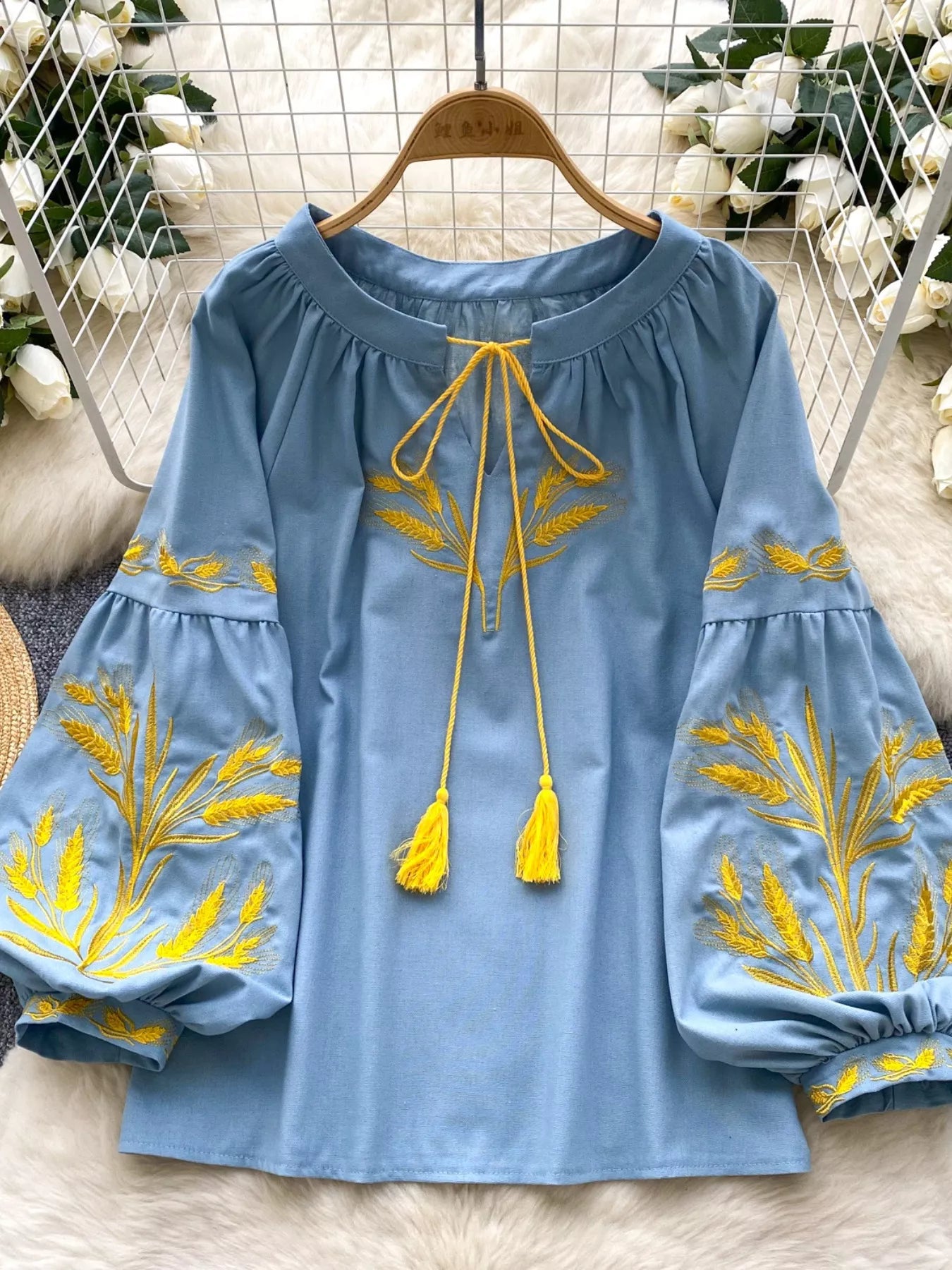 Embroidered Wheat Pattern Tie Neck Blouse
