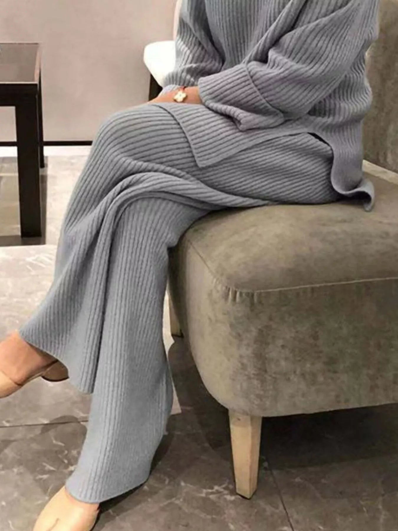 Full Size Ribbed Knit Relaxed Fit Top and Pants Sweater Set Plus Size