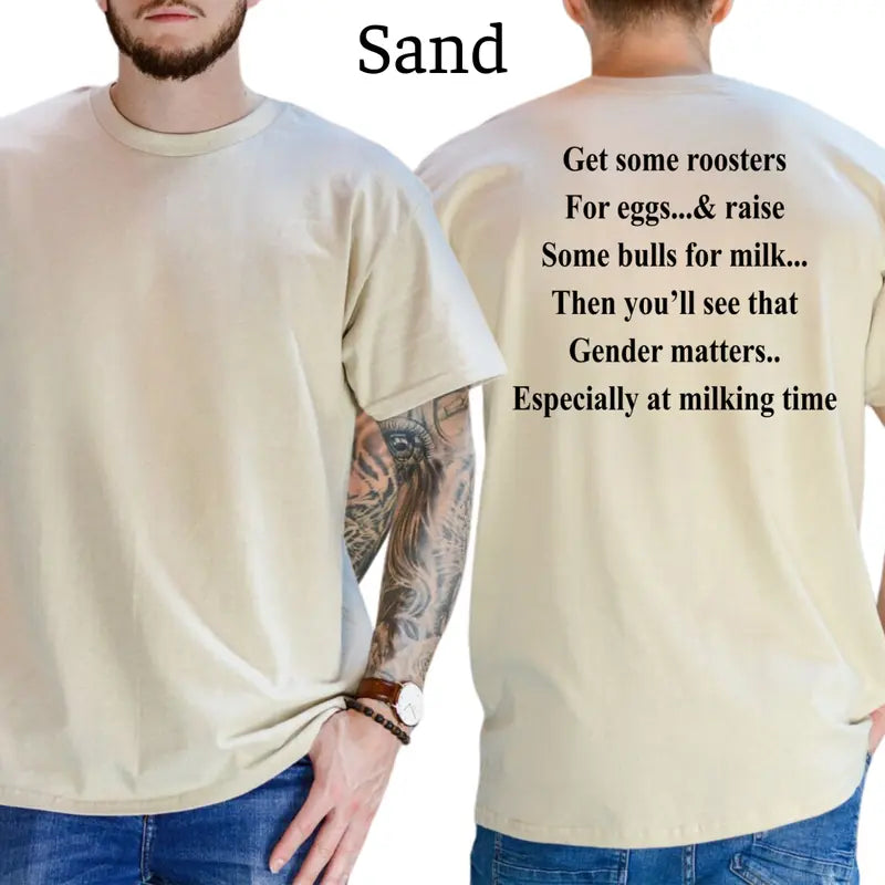 "Get Roosters and Bull to See Gender" Funny T-Shirt – Sarcastic Farmyard Humor Men's Unisex Graphic Tee