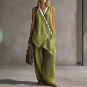 Women's Boho V-Neck Button Vest & Wide-Leg Pants Set