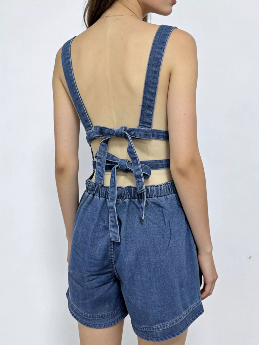 Casual Tie Back Denim Overall Shorts