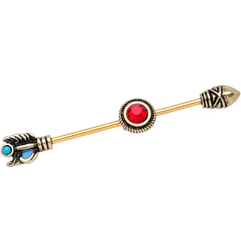 BodyCandy Red Gem Gold PVD Southwestern Sacred Spear Industrial Barbell 38mm — Red detail