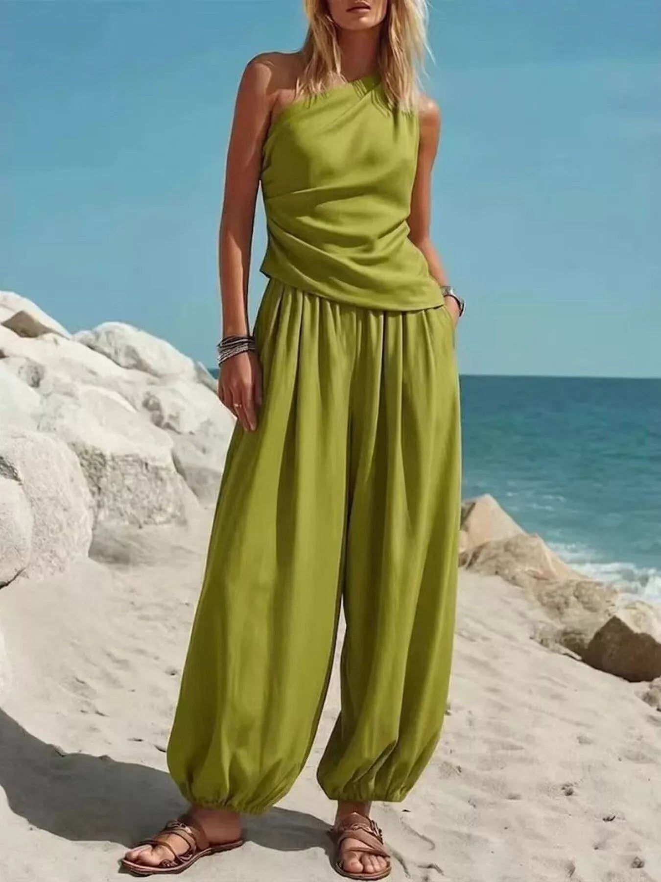 Full Size One-Shoulder Top and Wide Leg Pants Set Plus Size