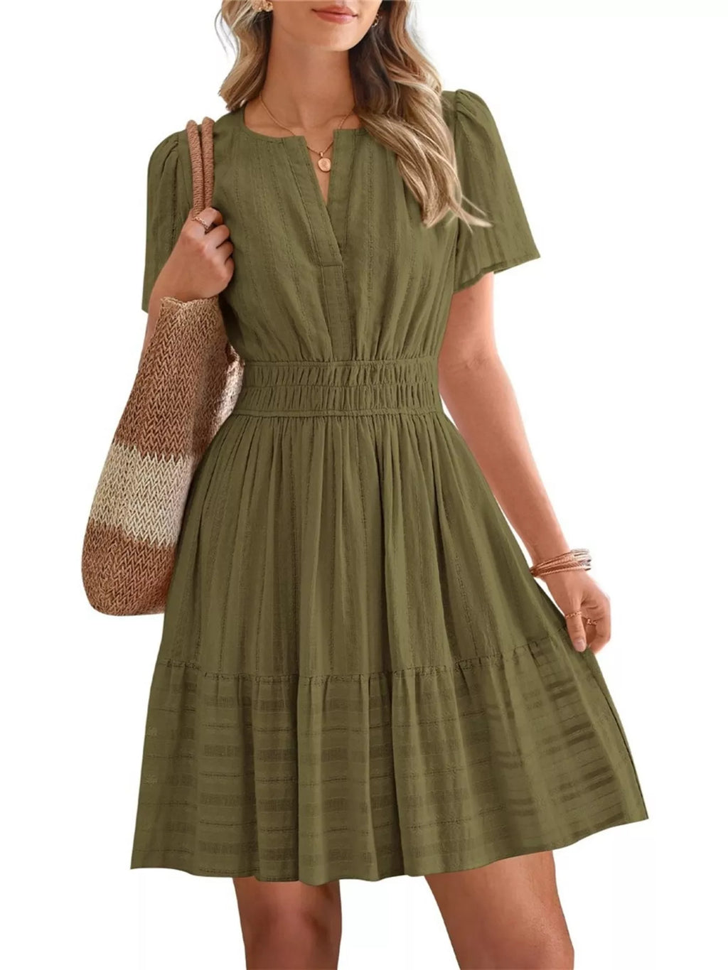 Short Sleeve Smocked Waist Tiered Dress