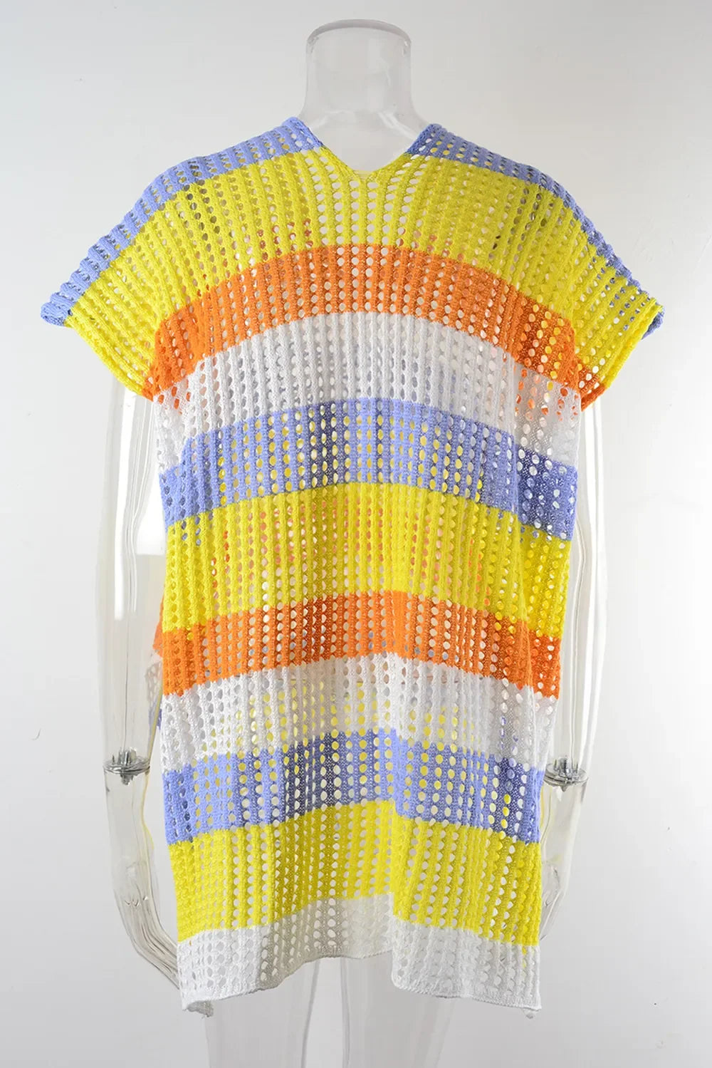 Color Block V-Neck Openwork Cover-Up with Side Slit