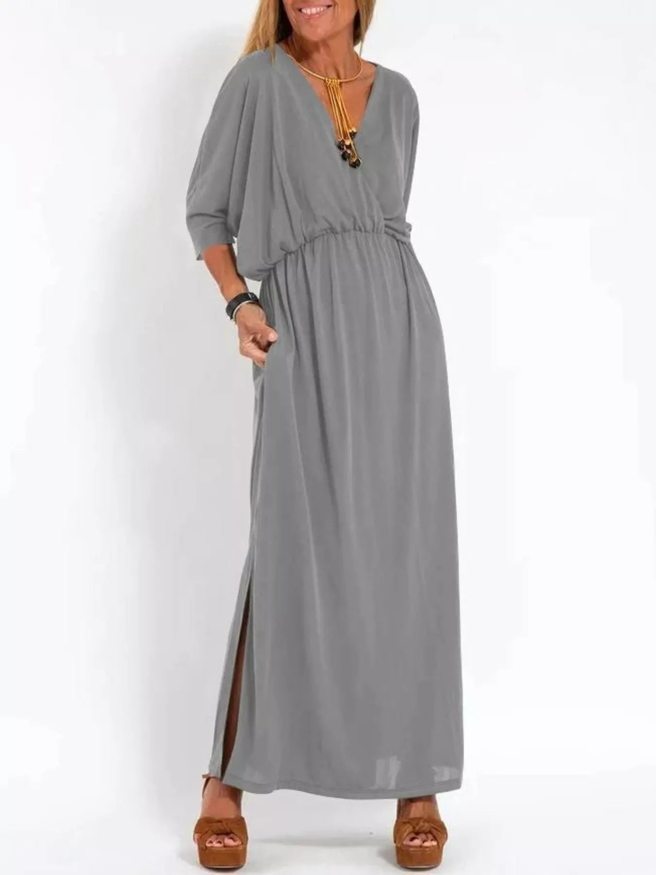 Full Size V-Neck Batwing Sleeve Maxi Dress with Side Slits Plus Size