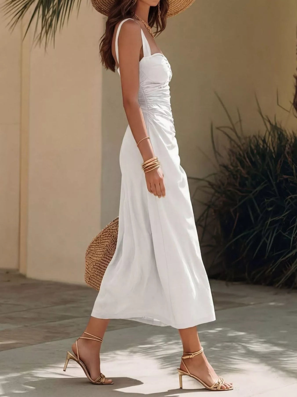 Ruched Sweetheart Neck Midi Dress