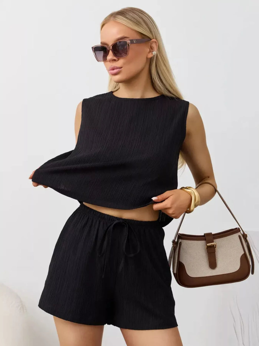 Textured Round Neck Tank and Shorts Set