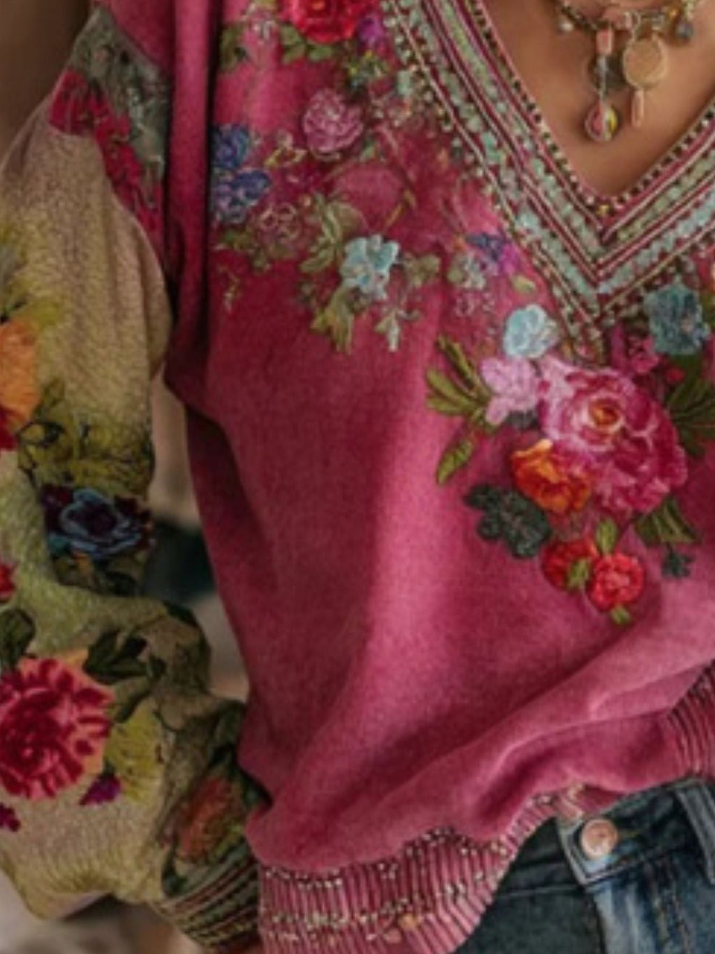 Full Size Floral V-Neck Blouse Plus Size