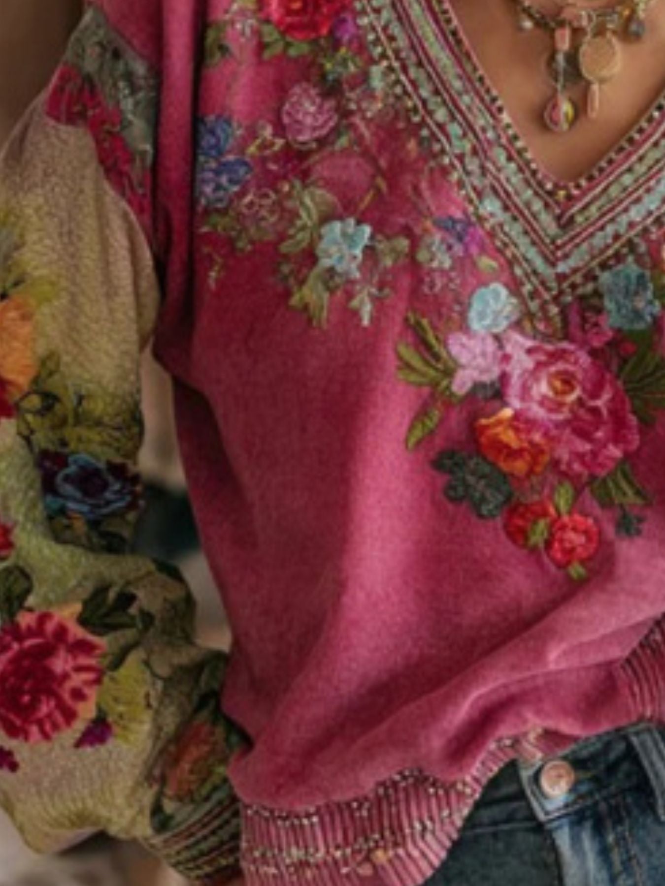 Full Size Floral V-Neck Blouse Plus Size