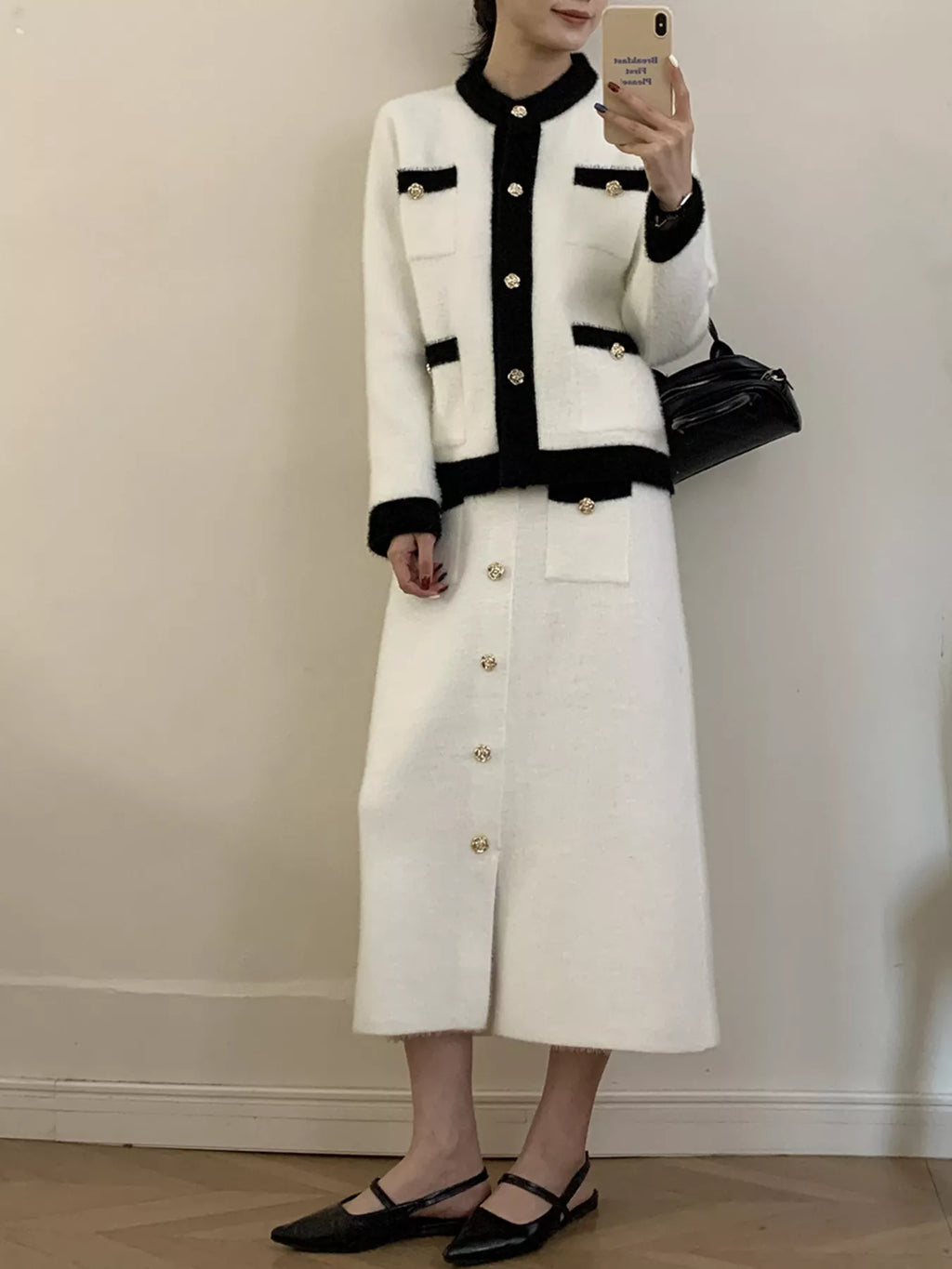 Contrast Trim Jacket and Skirts Sweater Set