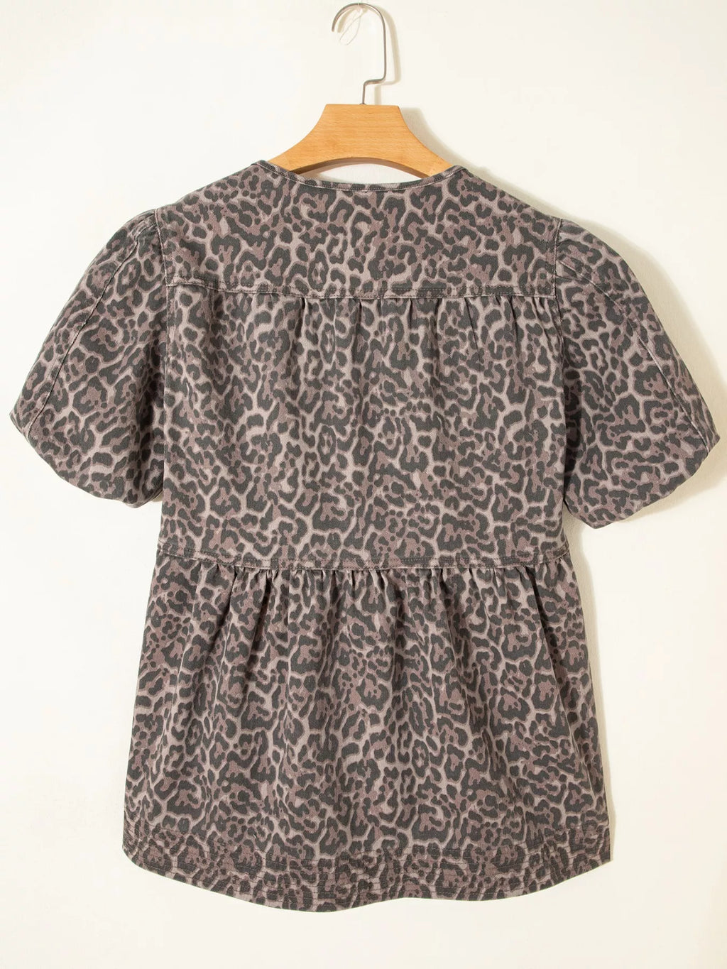 Leopard Print Ruffle Hem Denim Top