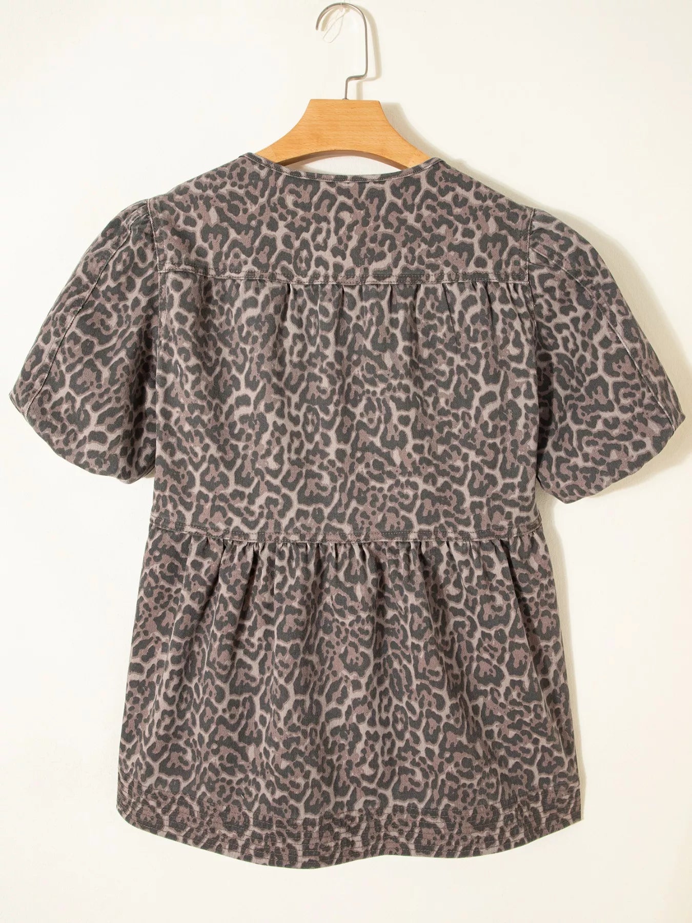 Leopard Print Ruffle Hem Denim Top