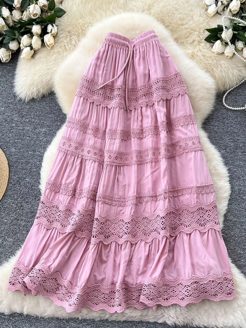 Drawstring Lace Tiered Skirt
