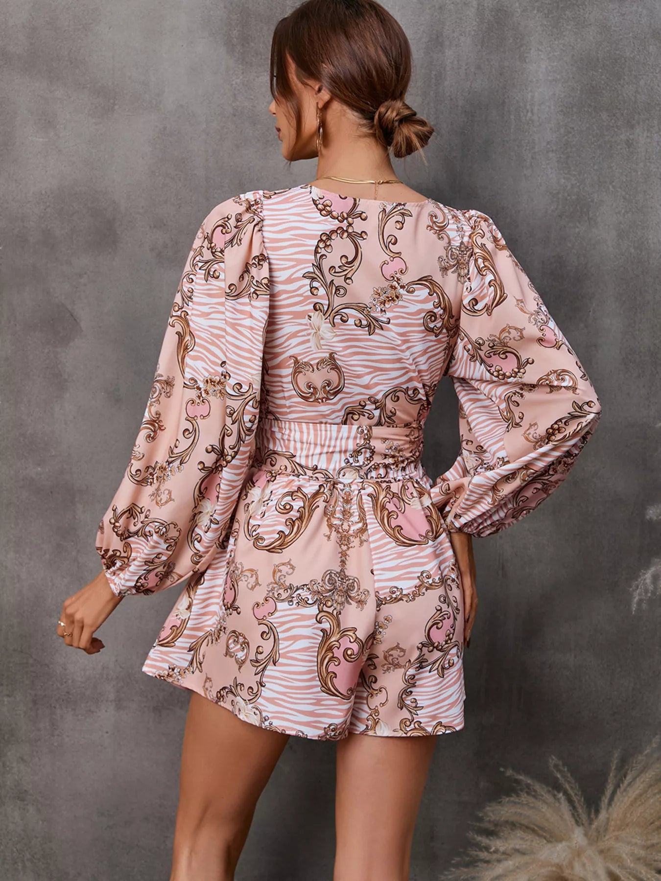 Cutout Front Printed Long Sleeve Romper