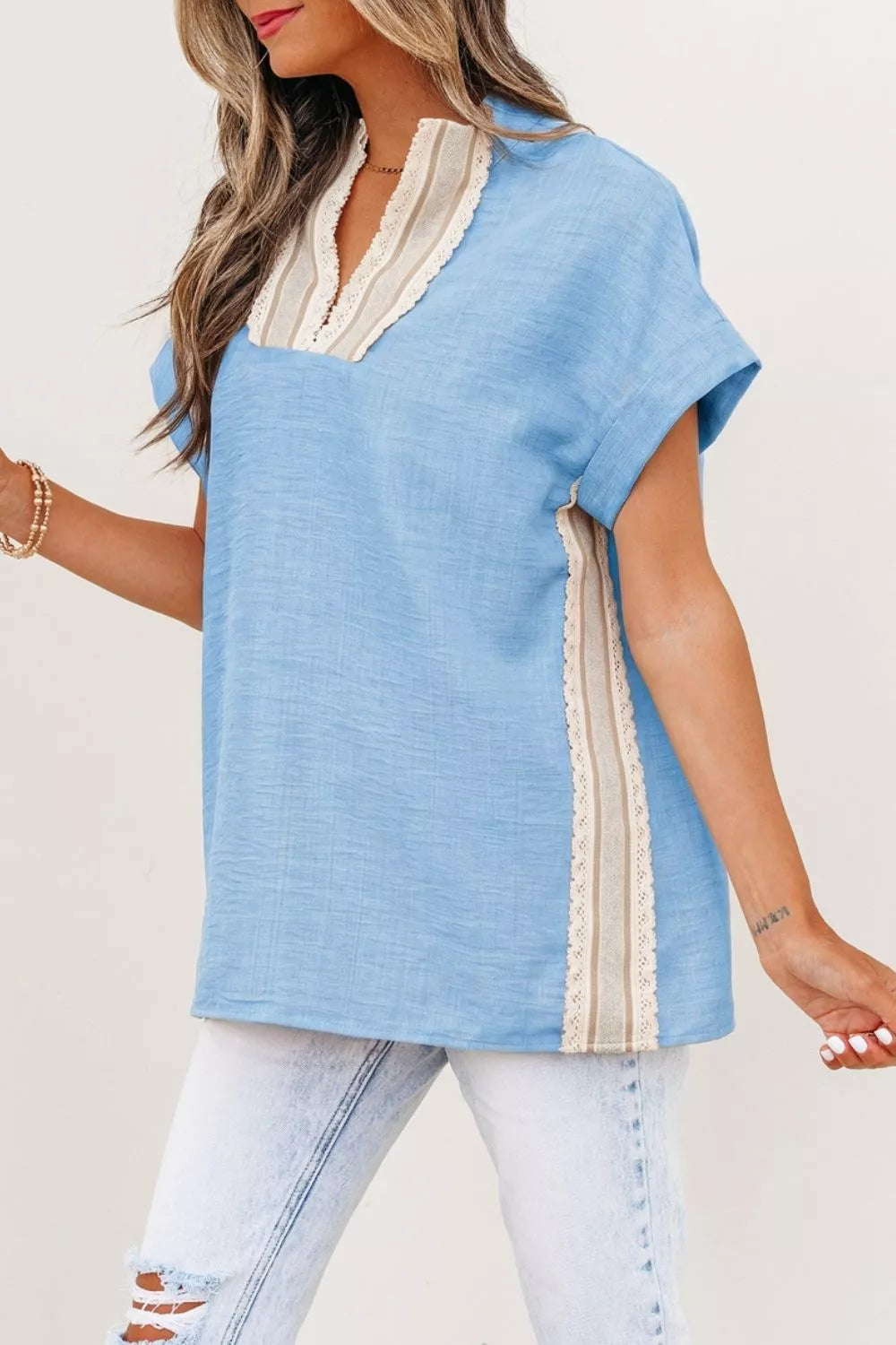 Crochet Lace Accent Pullover Rolled Short Sleeve Blouse