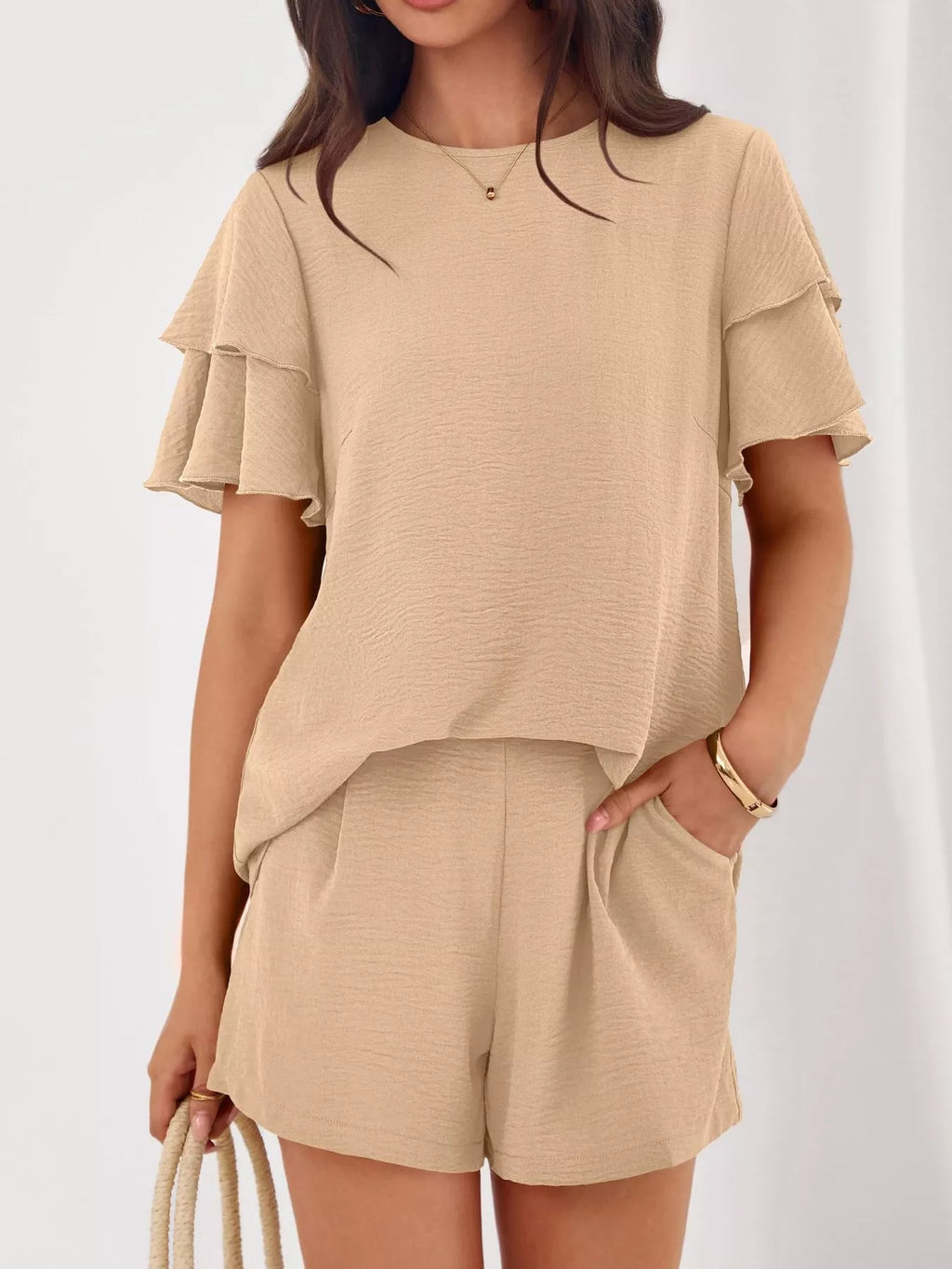 Ruffle Sleeve Top and Shorts Two-Piece Set