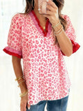 Leopard Print Frill Short Sleeve Blouse