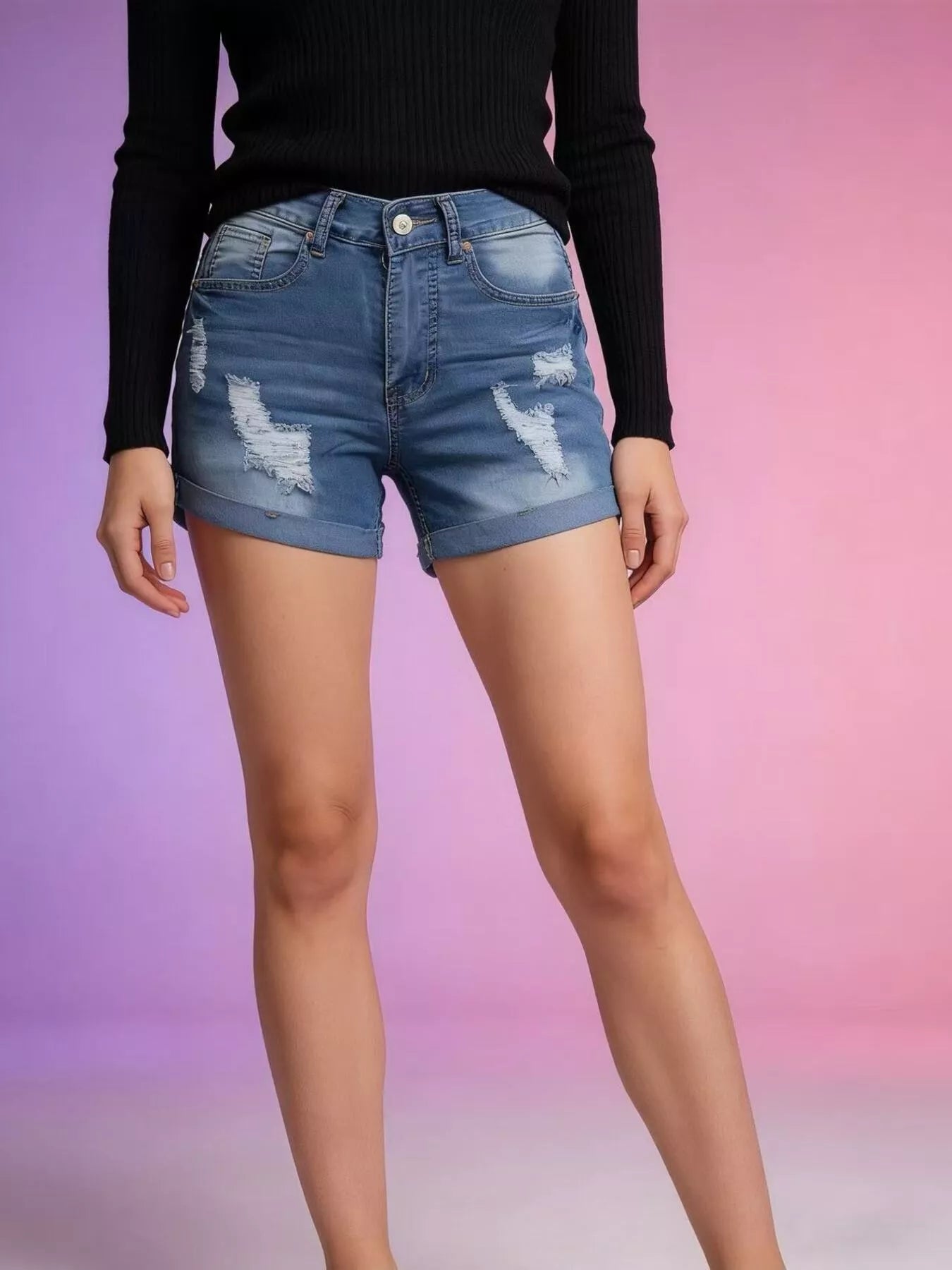 Distressed Wash Denim Shorts