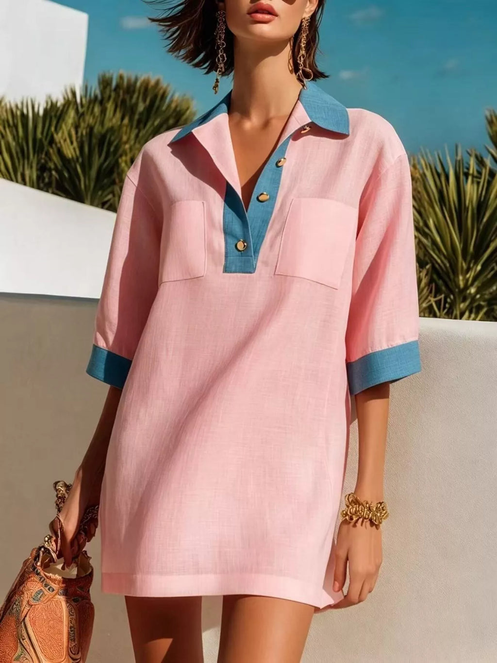 Contrast Trim Half Sleeve Dress