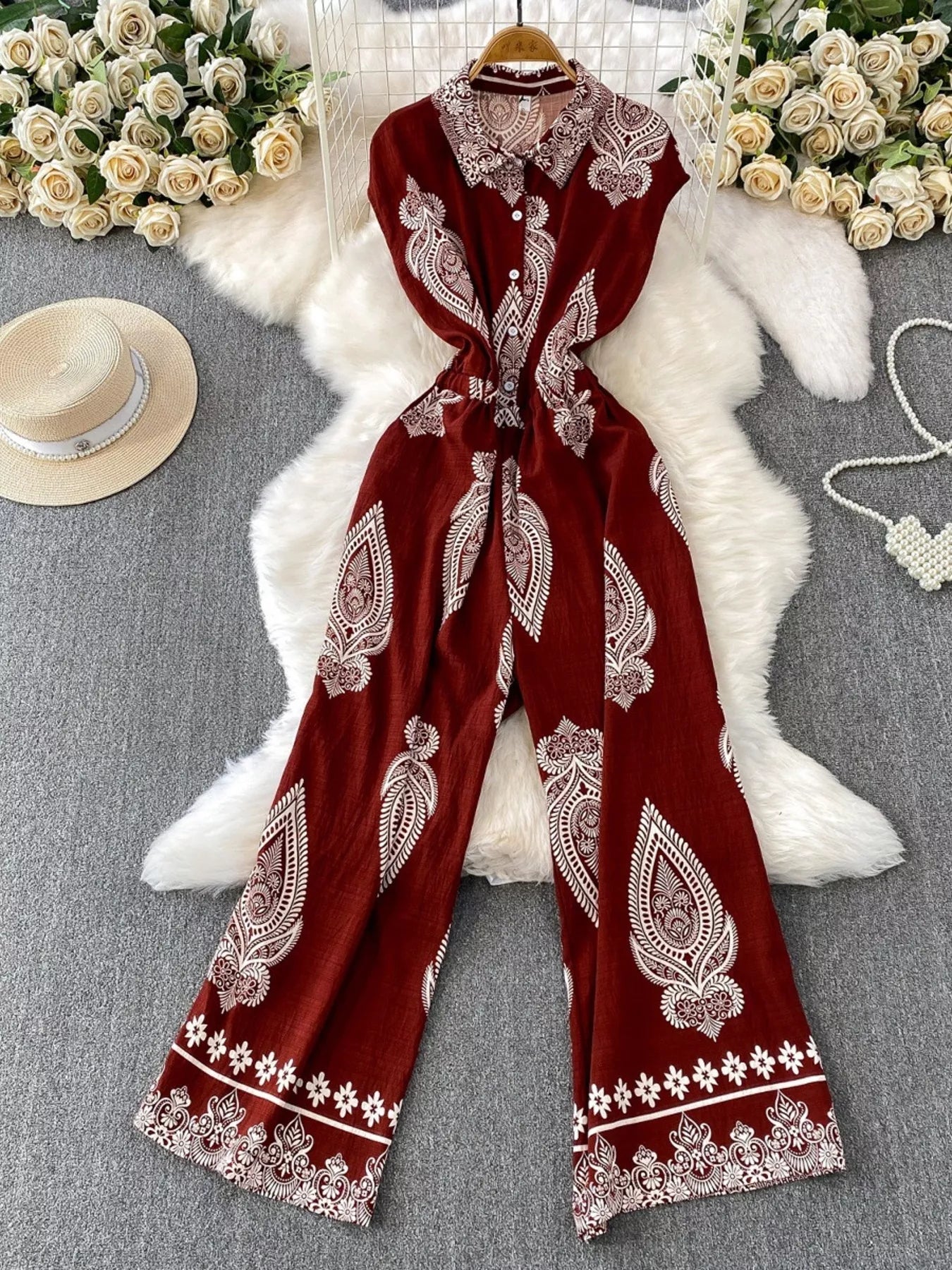 Button Front Wide Leg Jumpsuit