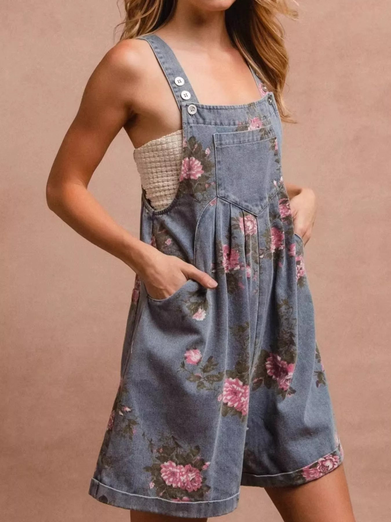 Floral Print Denim Overalls