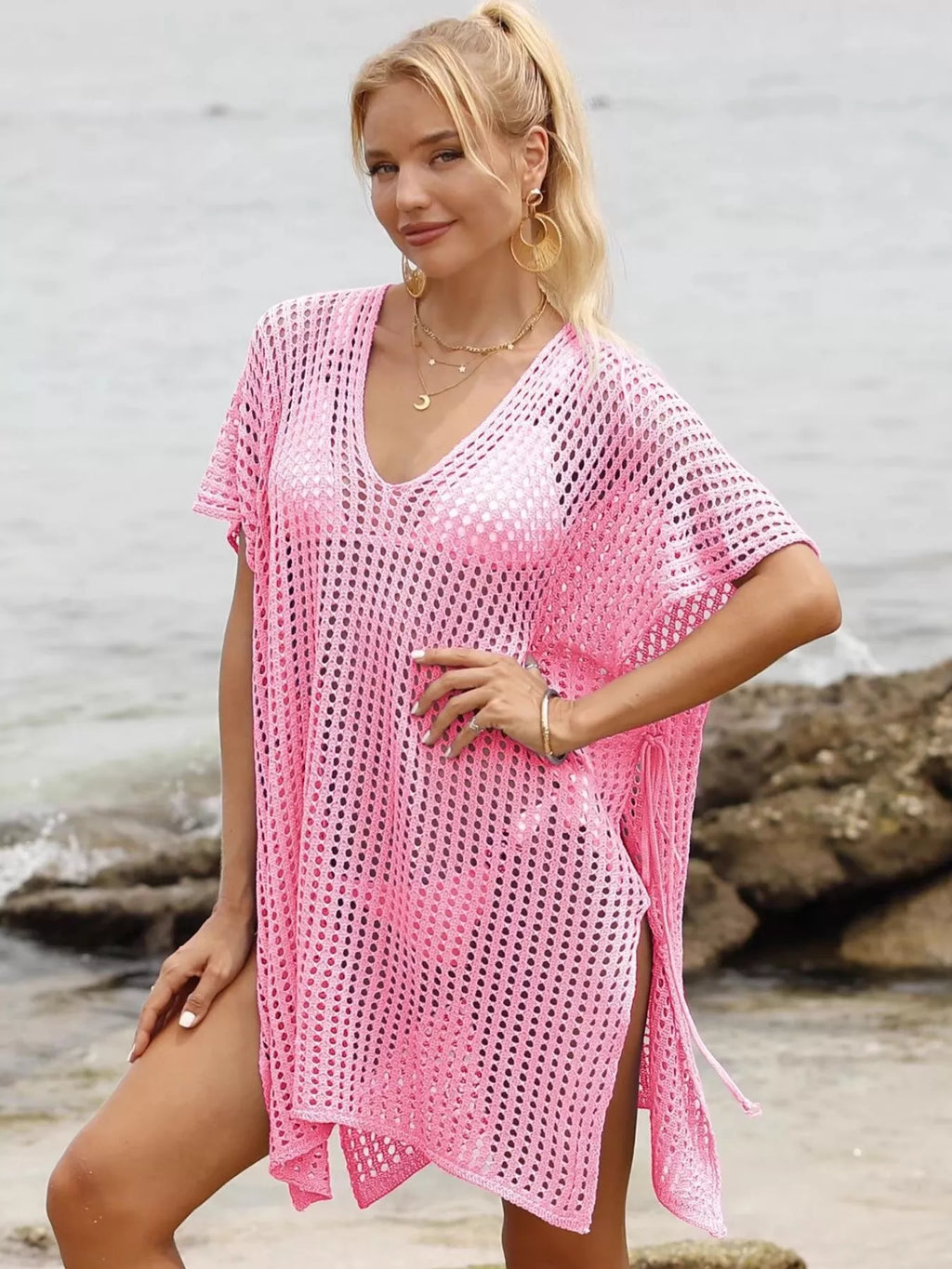 Openwork V-Neck Slit Cover-Up