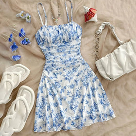 Boho Floral Spaghetti Strap Mini Dress – Ruched Ruffle Hem Vacation Sundress