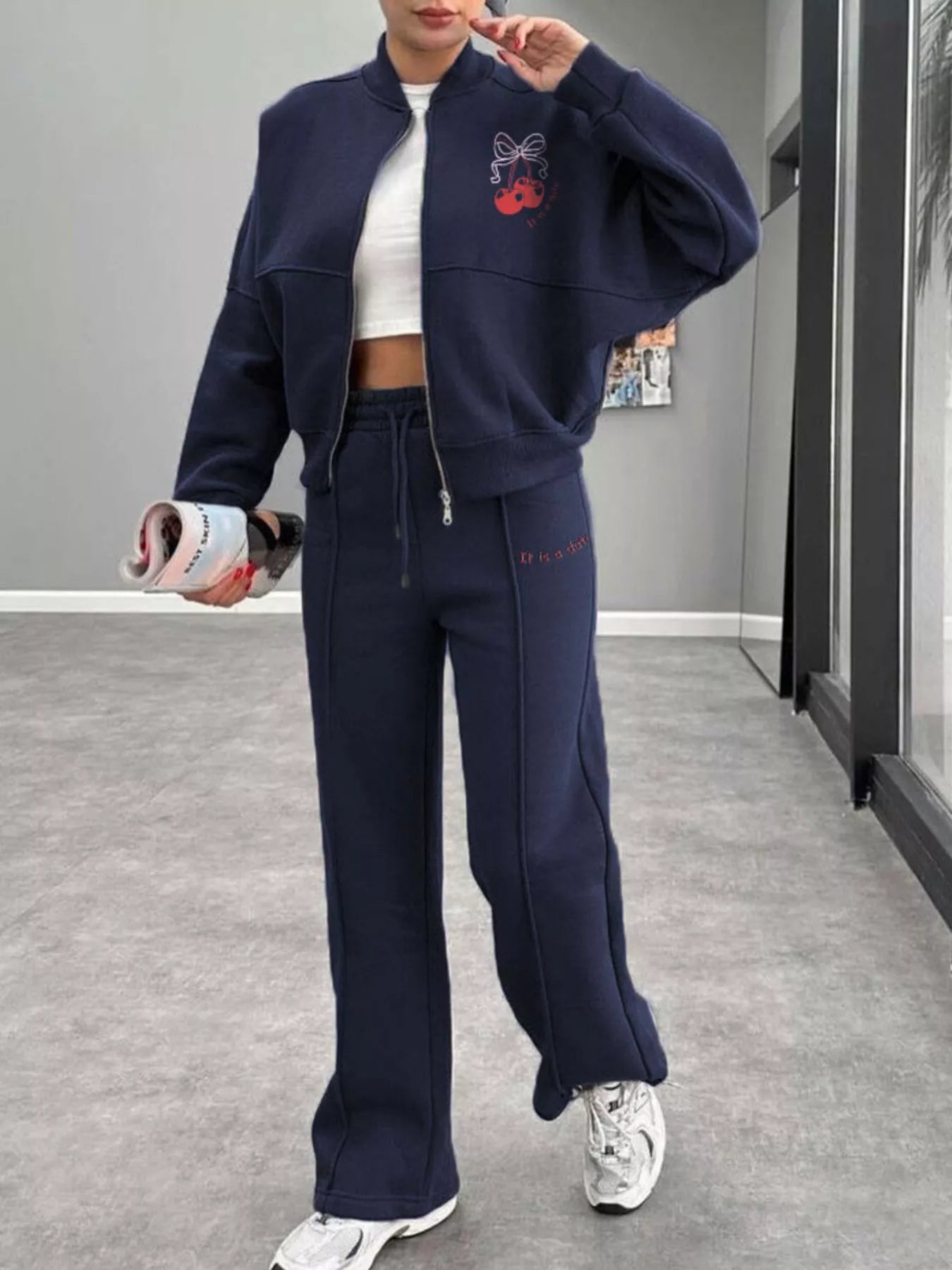 Zip Up Dropped Shoulder Outerwear and Pants Set