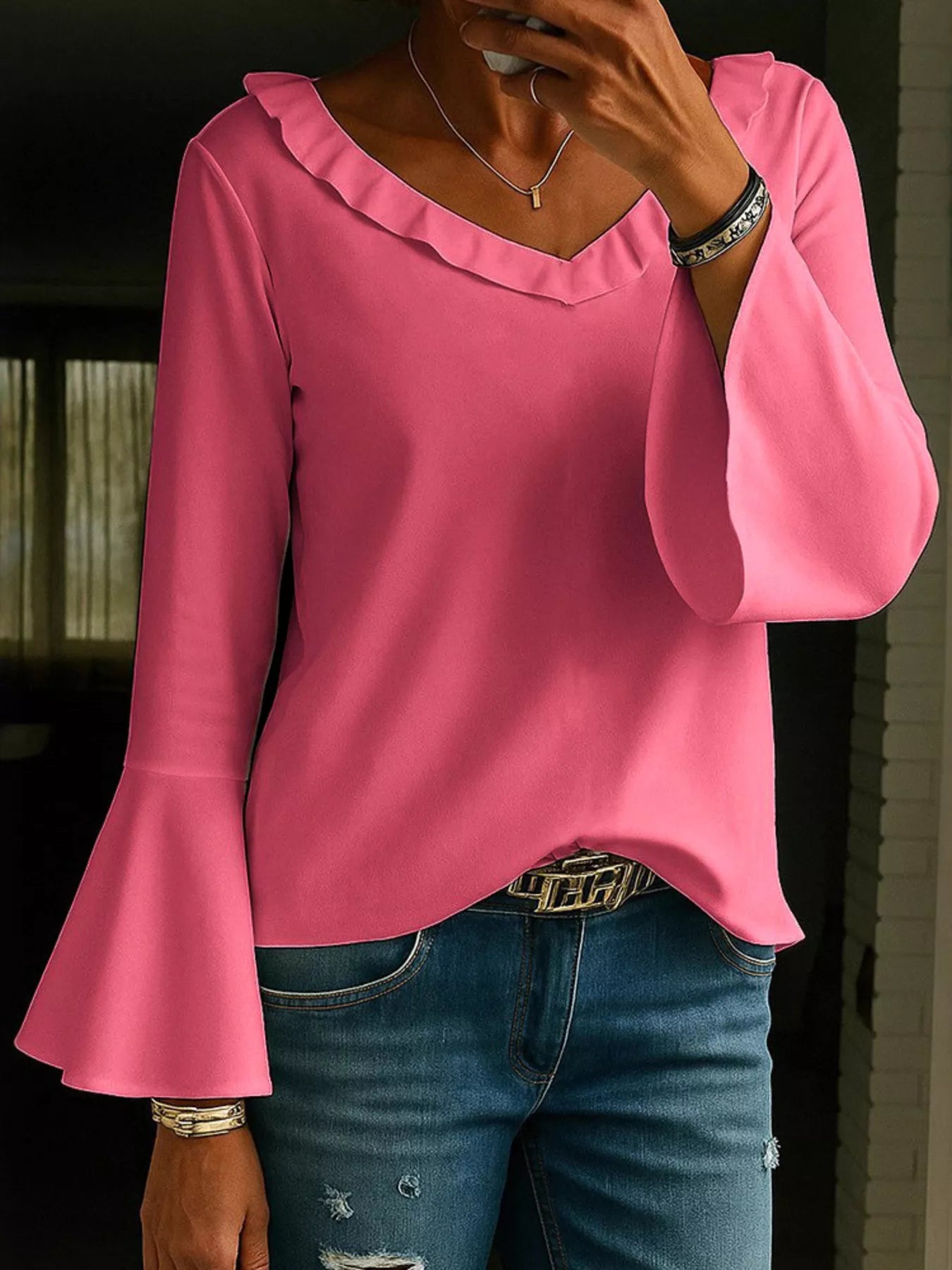 Ruffle V-Neck Bell Sleeve Blouse
