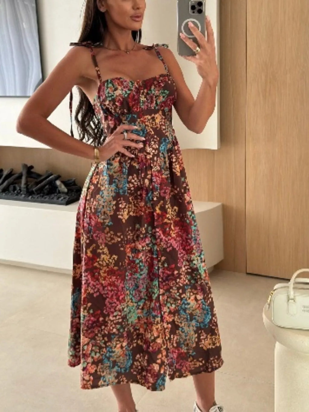 Printed Tie-Strap Midi Dress