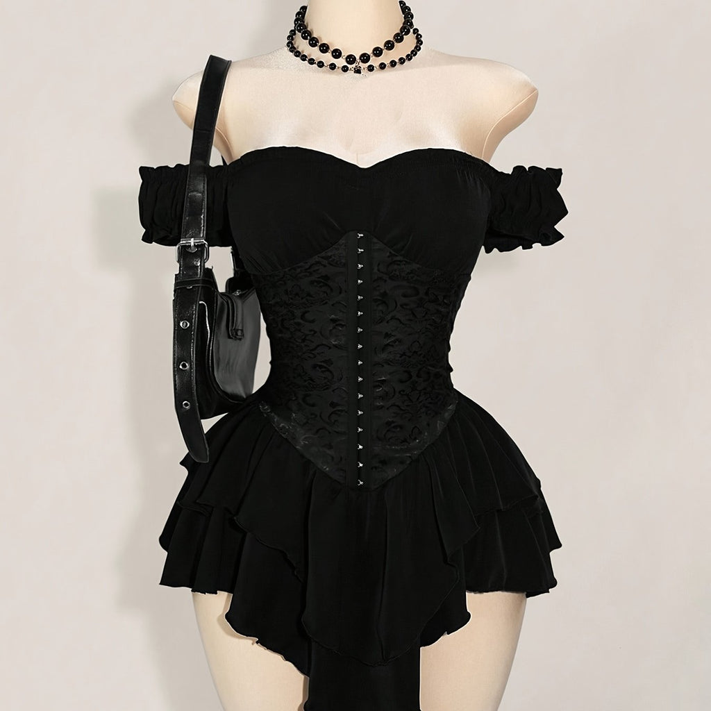 MyClosetAid One-Shoulder Dress with a Fitted Waist And Back Tie, Features Puff Sleeves And a Stylish, Elegant Cake Skirt — fa