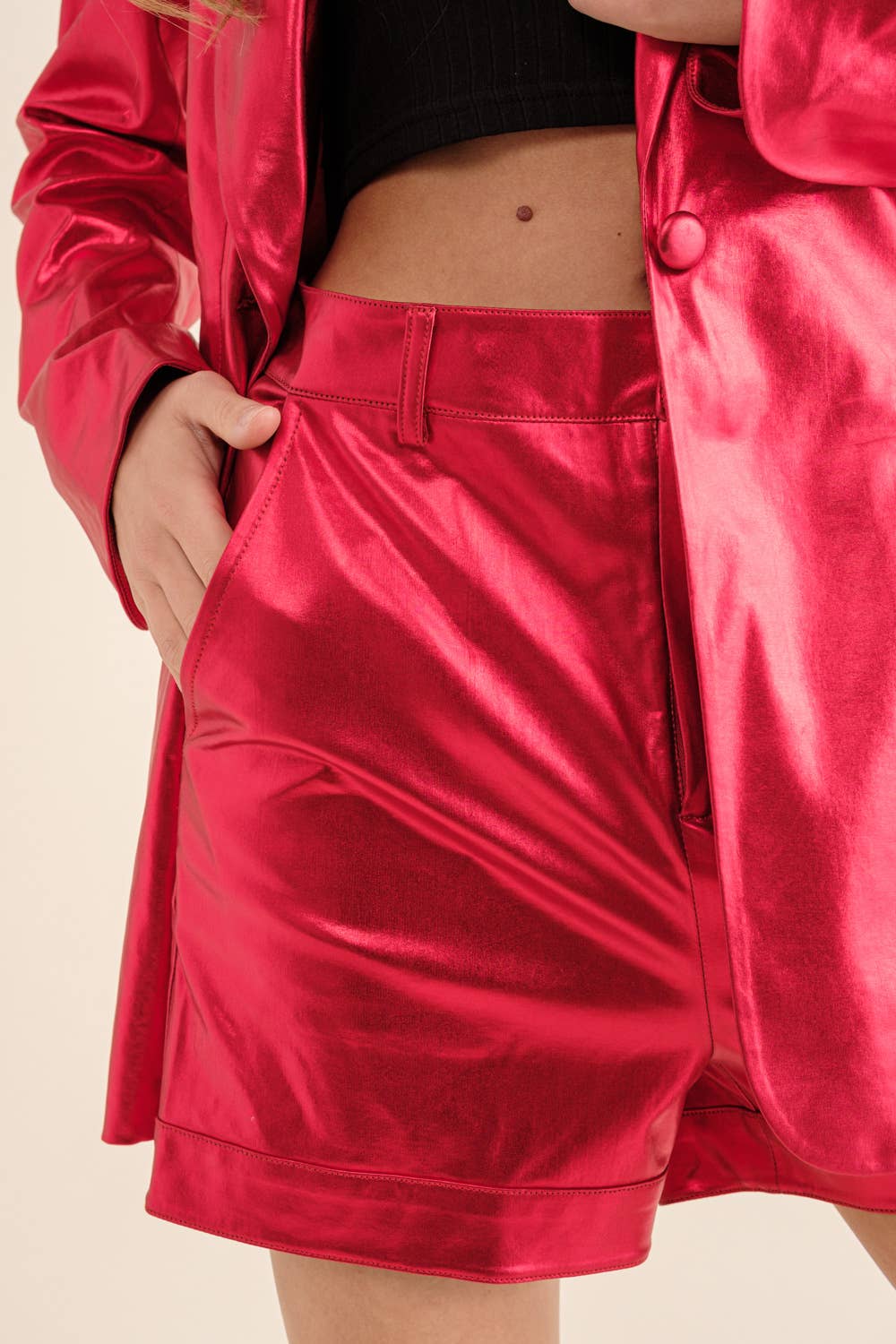 Pretty Little Patriot Pretty Little Patriot Sleek Metallic Red Blazer Set — lifestyle worn / used context