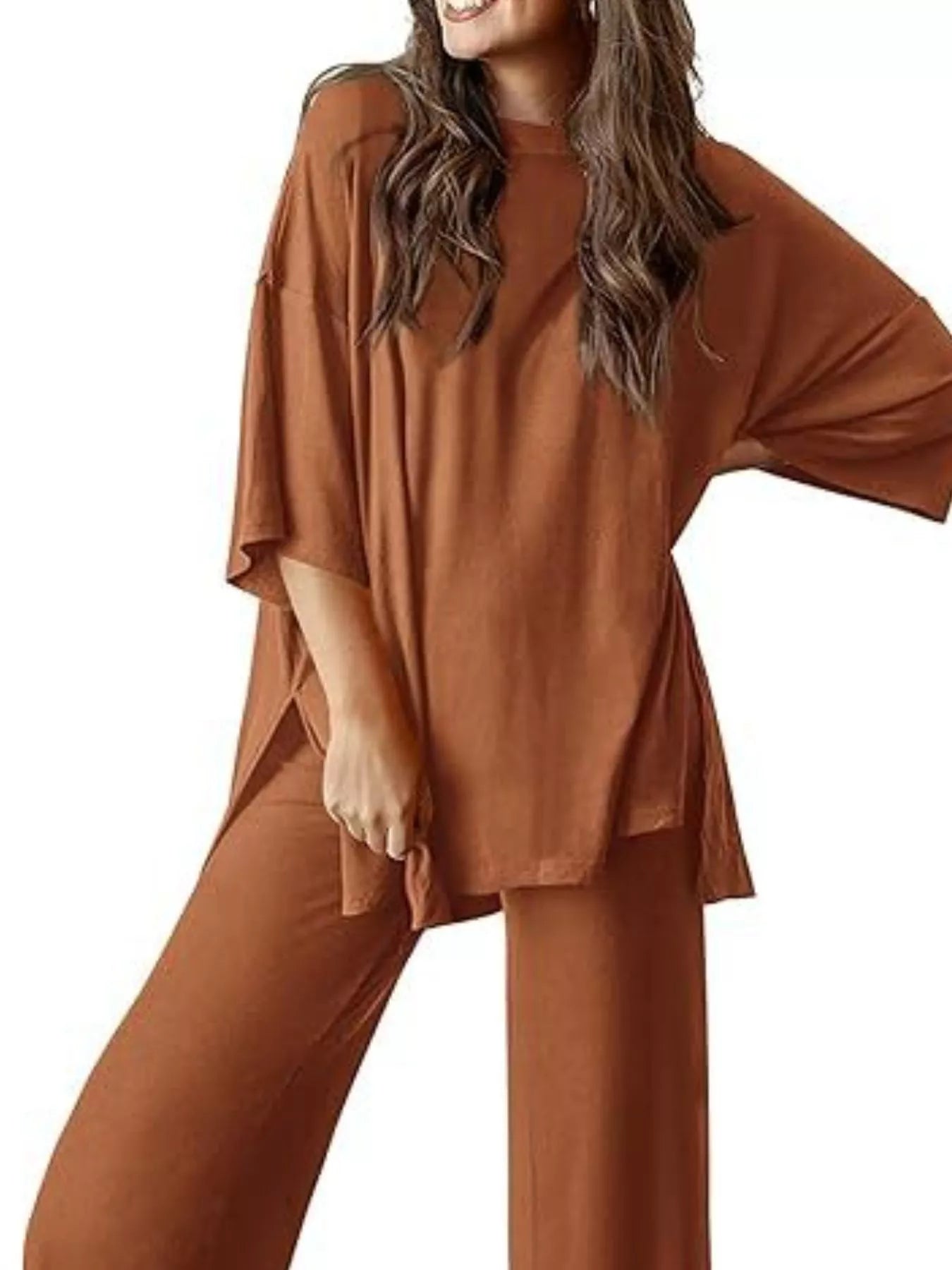 Slit Round Neck Top and Pants Set