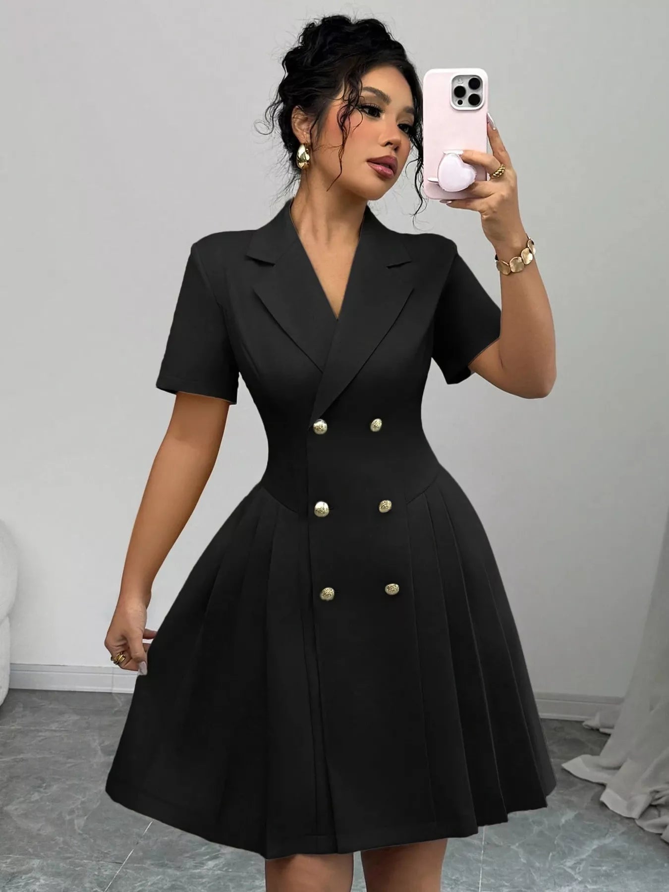 Double-Breasted Pleated Blazer Dress