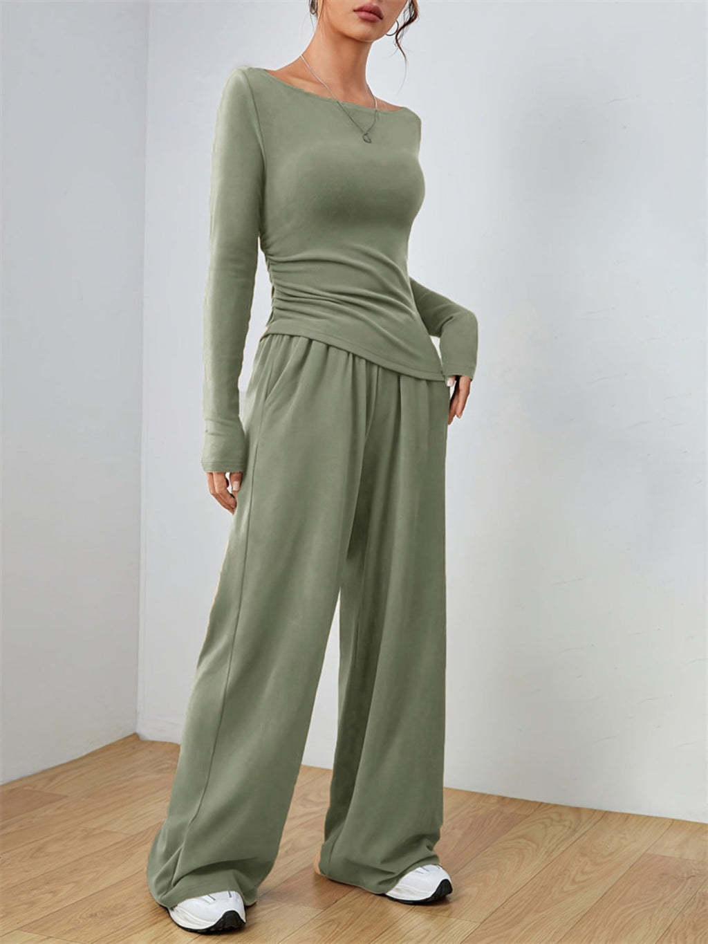 Casual Long Sleeve Top & Wide Leg Pants Set