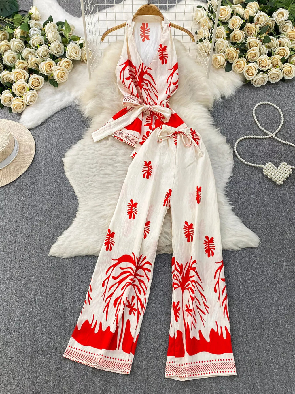 Printed Sleeveless Top and Wide Leg Pants Set