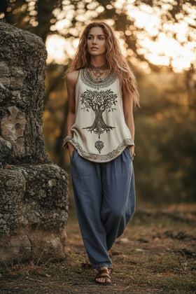 Women's Digital Print Pleated Crew-Neck Tank Top – Plus Size