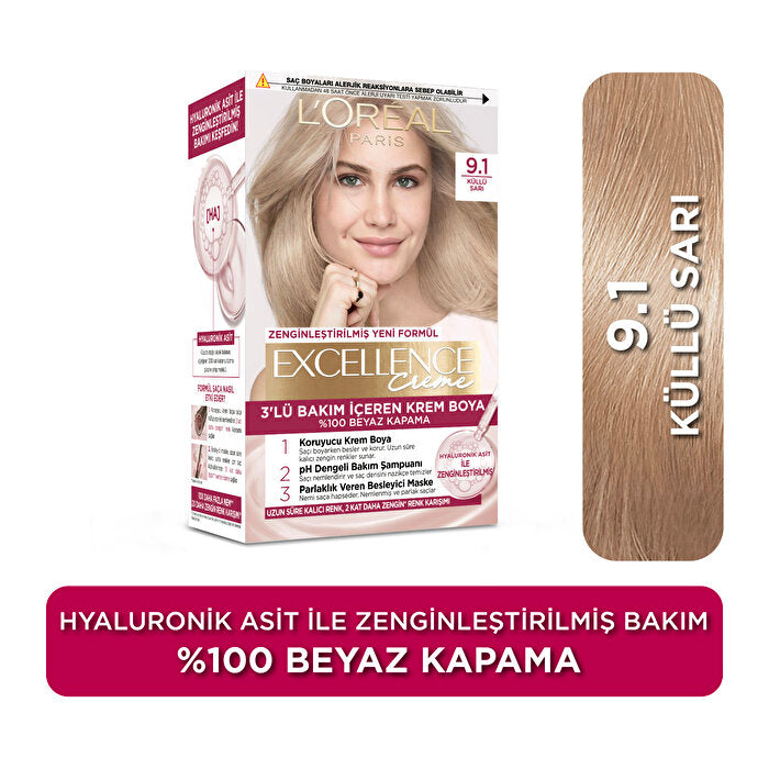 L'Oreal Paris Excellence Crème Hair Color Ash Blonde 9.1 - 100% Gray Coverage | Professional Care