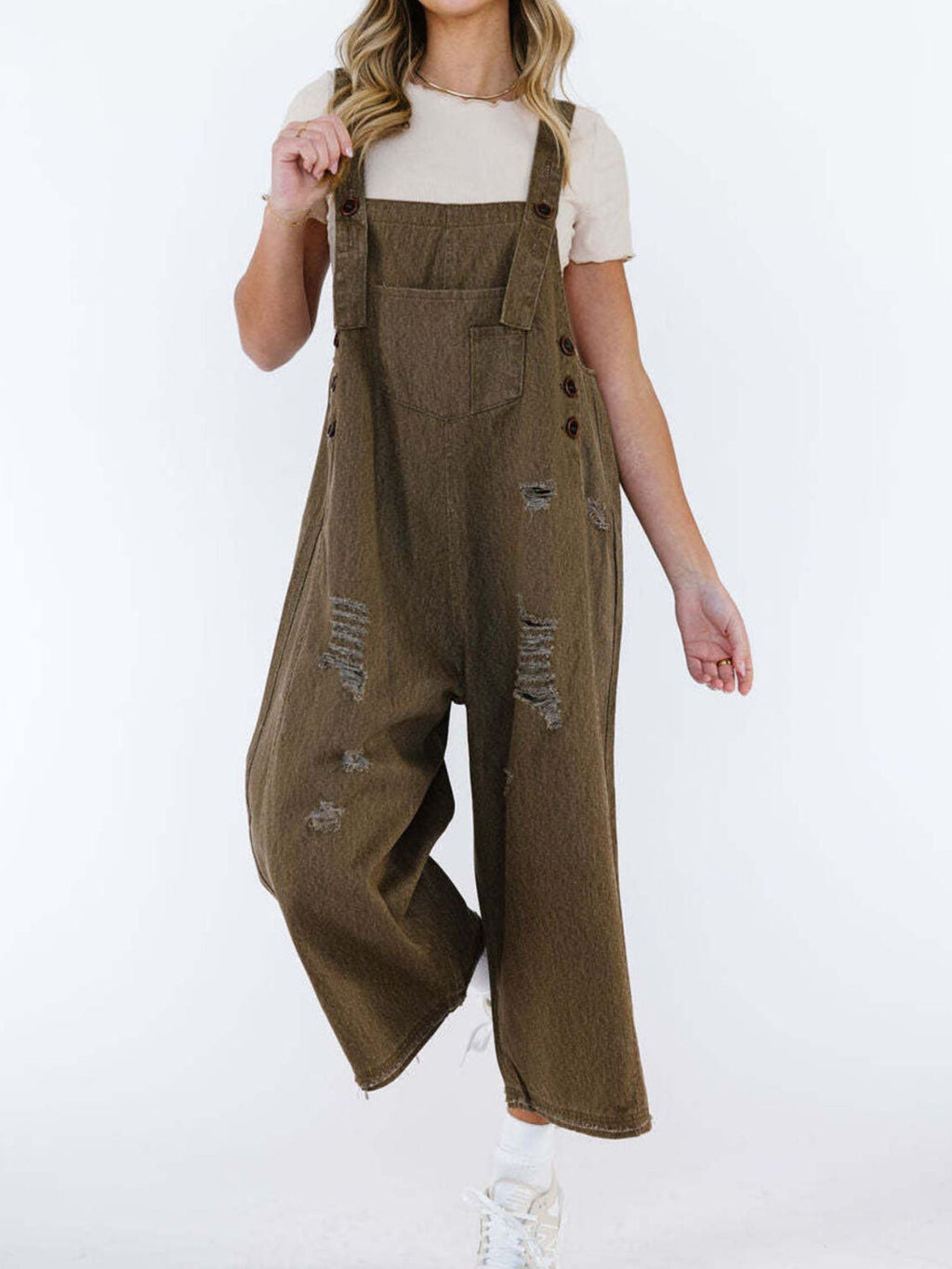 Distressed Wide Leg Denim Overalls