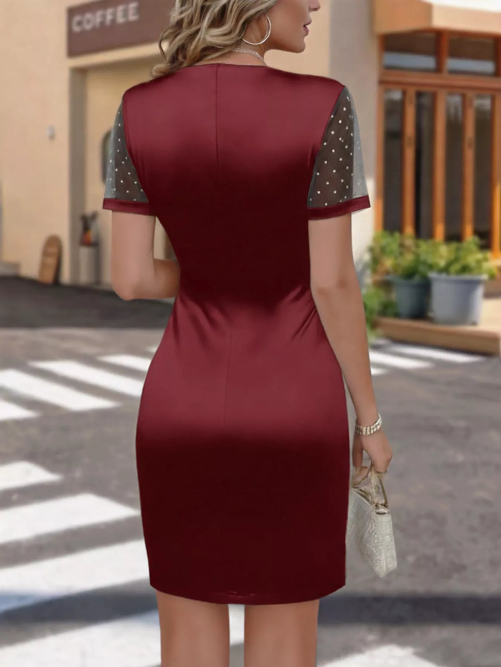 Full Size Ruched Satin Wrap Dress with Sheer Mesh Sleeves Plus Size
