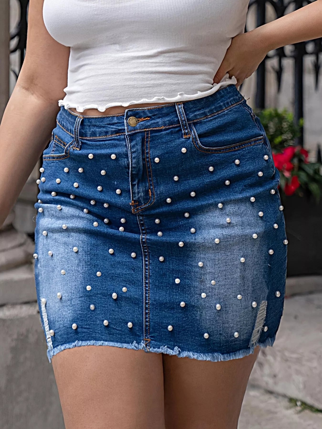 Plus Size Pearl Embellished Denim Skirt